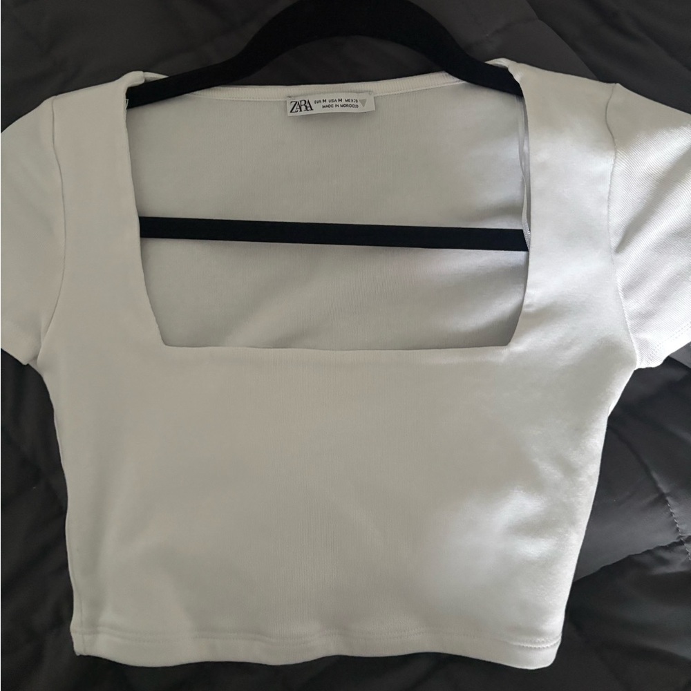 Zara White Short Sleeve Square Neck Crop Top